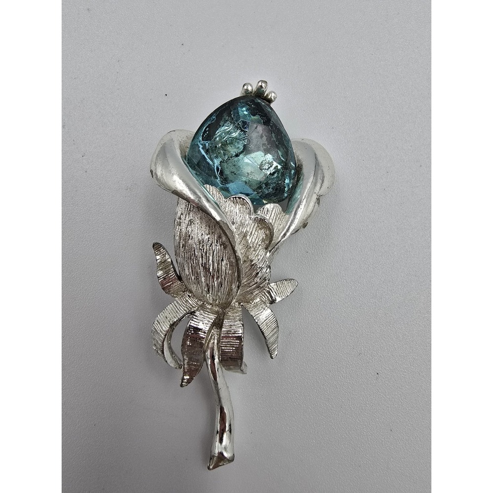 Emmons Vintage Silver Tone Teal Blue Rhinestone Flower Brooch Pin MCM